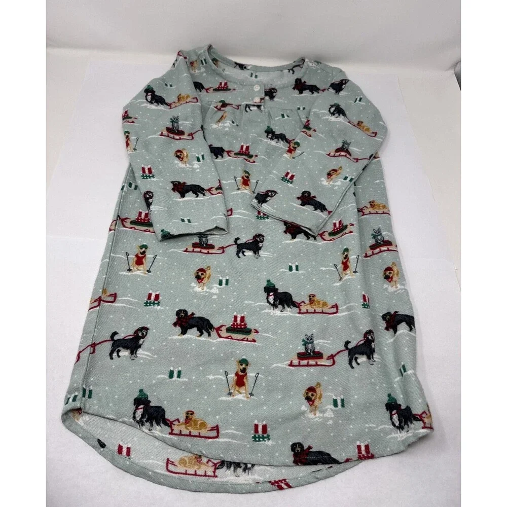 Lands End Nightgown Toddler Girl sz 4 Green Christmas Snow Dogs Sleds Pajama